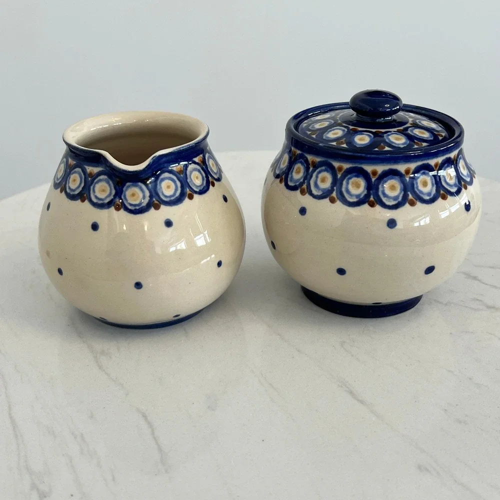 Vtg German‎ Pottery Creamer Pitcher Sugar Bowl Polish Pottery Style Hand Painted